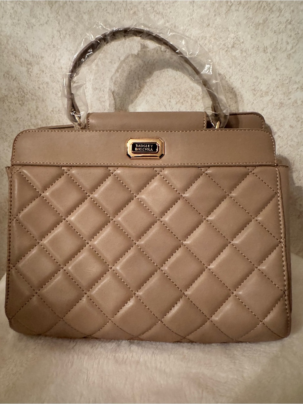 Badgley Mischka Quilted Top-Handle Satchel in Taupe NWT